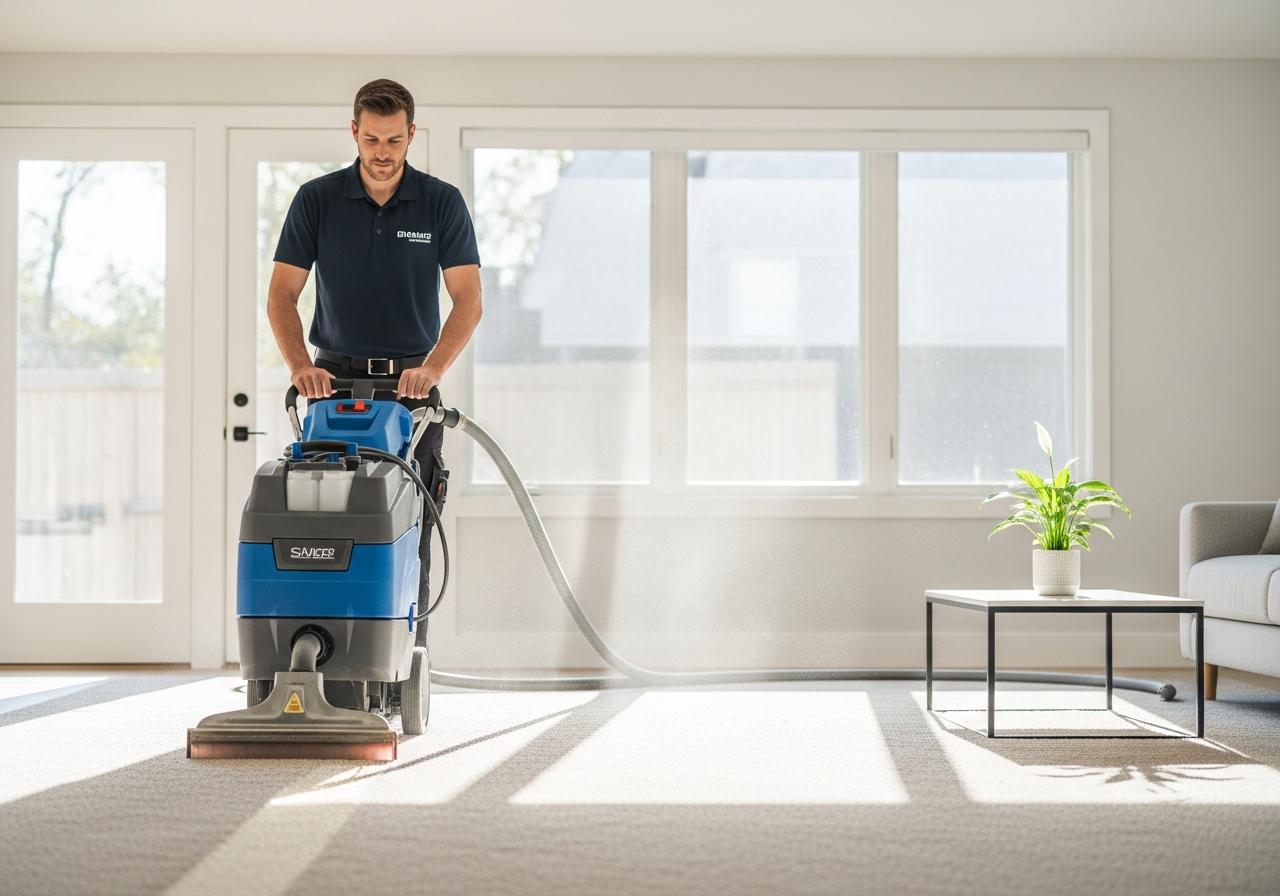 Technician deep cleaning a light carpet in a bright living room with a professional extraction machine