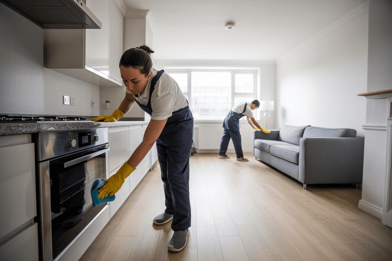 Two cleaners preparing an empty Bristol flat, wiping the kitchen and living room before a new tenancy