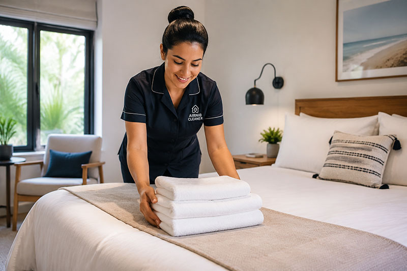 Cleaner placing fresh folded towels on a made bed during a Bristol holiday let changeover